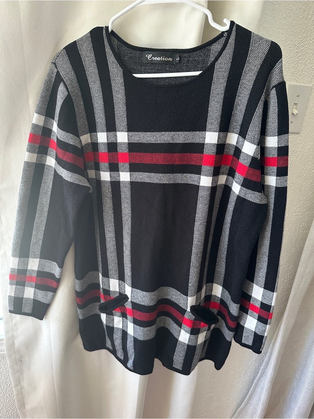 Creation Black Plaid Crewneck Sweater with Red Accent